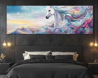 Majestic White Horse Canvas Print – Fantasy Horse Wall Art – Colorful White Horse Painting – Pegasus Horse Decor – Whimsical Nature Gift