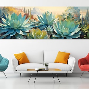 Agave Garden Canvas Print – Desert Botanical Wall Art – Agave Cactus Landscape Painting – Nature Plant Wall Decor – Agave Cactus Poster