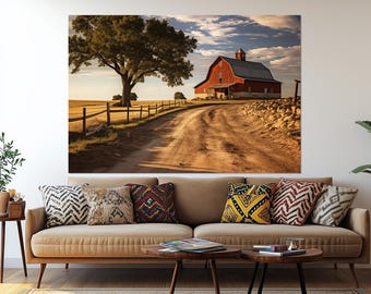 Red Barn Canvas Print – Countryside Farm Wall Art – Rustic Landscape Painting – Country Road Poster – Rural Home Decor – Old Barn Artwork