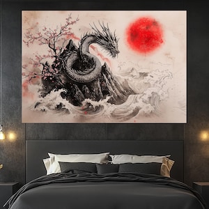 Dragon and Waves Canvas Print – Japanese Ink Painting Wall Art – Mythical Wall Decor – Asian Dragon Poster – Oriental Dragon Artwork
