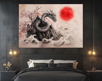 Dragon and Waves Canvas Print – Japanese Ink Painting Wall Art – Mythical Wall Decor – Asian Dragon Poster – Oriental Dragon Artwork