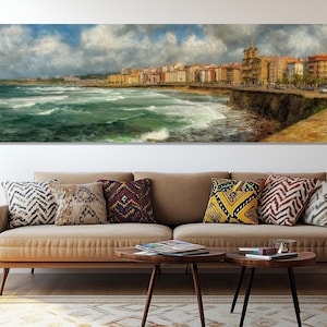 Gijon Coastline Canvas Print – Spanish Coastal Wall Art – Asturias Seaside Poster – Gijon Spain Painting –Gijon City Decor – Gijon Gift Idea