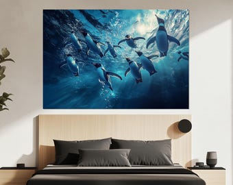 Płótno z pływającymi pingwinami – Podwodne pingwiny – Dekoracja ścienna z pingwinami oceanicznymi – Plakat z pingwinami – Malarstwo z dziką przyrodą Antarktydy