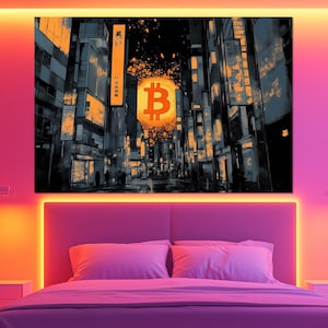 Bitcoin City Canvas Print – Crypto Street Wall Art – Neon Bitcoin Poster – Cyberpunk Crypto Decor – Urban Blockchain Painting