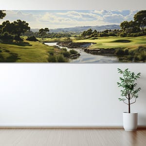 Impresión en lienzo con vista al campo de golf, arte de pared en lienzo, arte moderno, arte digital, decoración de sala de estar, impresión en lienzo lista para colgar.