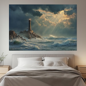 Stormy Lighthouse Canvas Print – Dramatic Ocean Wall Art – Seascape Painting with Waves – Coastal Lighthouse Poster – Lighthouse Artwork