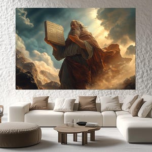 Moses Holding the Ten Commandments Canvas Print – Biblical Wall Art – Mount Sinai Painting – Religious Art Poster – Spiritual Room Decor