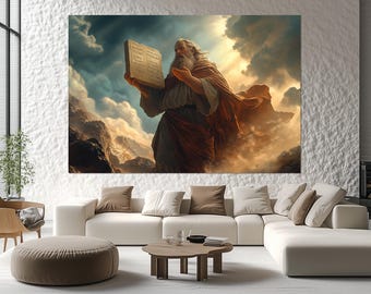 Impressão em tela de Moisés segurando os Dez Mandamentos – Arte de parede bíblica – Pintura do Monte Sinai – Pôster de arte religiosa – Decoração espiritual para o quarto