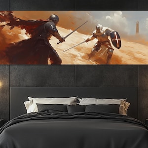 Medieval Knight Duel Canvas Print – Crusader Battle Wall Art – Epic Sword Fight Poster – Knight Painting – History Lovers Gift