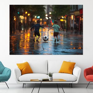 Kids Playing Football on the Streets of Glasgow Canvas Print, Football Fan Gift, Glasgow Streets Painting, Glasgow Wall Art, Glasgow Picture