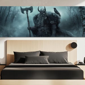 Odin Canvas Print – Dark Norse God Picture – Viking Warrior Poster – Odin with Raven Canvas Print – Nordic Axe Painting – Fantasy Wall Art