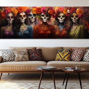 Floral Spirits of Dia de los Muertos Canvas Print – Mexican Sugar Skull Art – Colorful Skeleton Portrait – Day of the Dead Wall Decor