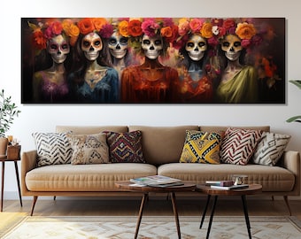 Impresión en lienzo de espíritus florales del Día de los Muertos – Arte mexicano de calaveras de azúcar – Retrato de esqueleto colorido – Decoración de pared del Día de los Muertos