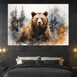 Impressão em tela de urso pardo - pôster de urso em aquarela - arte de parede de urso pardo - decoração de cabana rústica - presente para amantes da natureza ou caçadores