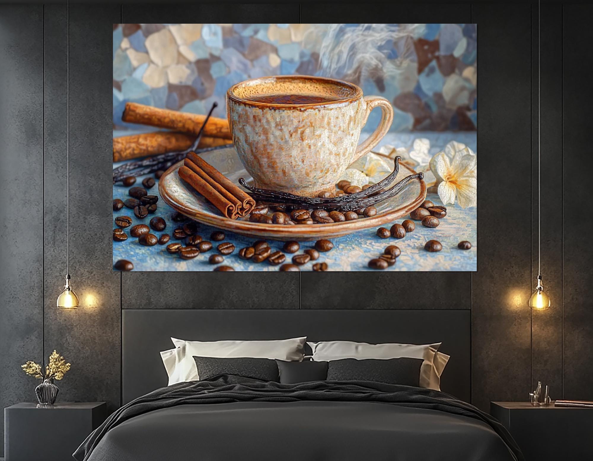 コーヒーの静物画 – シナモンとバニラの入った温かいコーヒーカップ