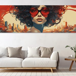 Stampa su tela "Donna con occhiali da sole", arte murale su tela, arte dipinta su tela, arte moderna, arte digitale, arredamento per il soggiorno, stampa su tela pronta da appendere.