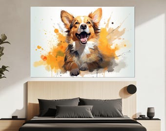 Impression sur toile Happy Corgi Dog - aquarelle vibrante pour animaux de compagnie - affiche de chiot espiègle - cadeau pour amoureux des chiens - décoration murale animal abstrait