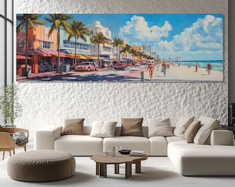 Canvasprint Miami Beach – Levendige muurkunst Ocean Drive – Poster Miami Street – Muurdecoratie kuststad – Retro schilderij Miami