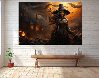 Canvastavla för Halloween-häxa, kanvasväggkonst, kanvasmålning, Halloween-present, digital konst, kanvastryck redo att hängas.