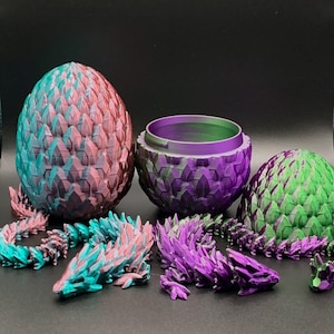 3D Printed Articulating Gemstone Dragon with Matching Egg: Shimmer Silk PLA Fidget Toy