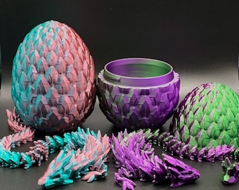 3D Printed Articulating Gemstone Dragon with Matching Egg: Shimmer Silk PLA Fidget Toy