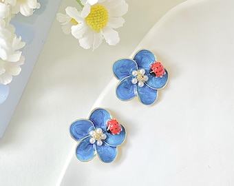 Blue Flower Earrings with Ladybug Cottagecore Earrings Kawaii Earrings Dainty Floral Ear Studs Whimsical Fairy Earrings Anime Gift for Her