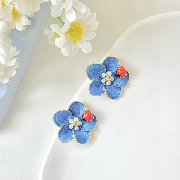 Blue Flower Earrings with Ladybug Cottagecore Earrings Kawaii Earrings Dainty Floral Ear Studs Whimsical Fairy Earrings Anime Gift for Her