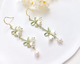 Lily of the Valley Earrings Freshwater Pearl Earrings Cottagecore Earrings Sterling Silver Bridal Earrings Dangle & Drop Earrings Bridesmaid