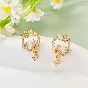 Butterfly and Flower Zircon Earrings Delicate Green Garden Earrings Rhinestone Cottagecore Kawaii Earrings Fairycore Bridesmaid Gift for Her