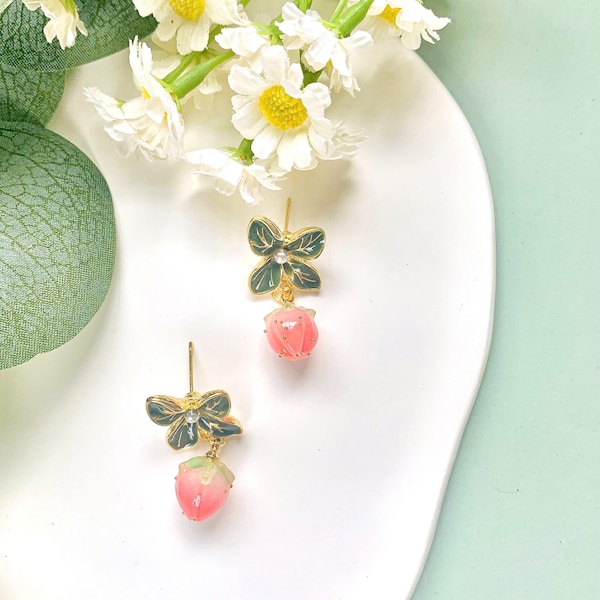 Kawaii Strawberry Earrings Cottagecore Flower Earrings Cute Anime Earrings Dainty Dangle & Drop Earrings Delicate Fruit Earrings Silver Stud