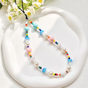 Kawaii Y2K Mushroom Phone Strap Cute Beaded Phone Charm Y2K Camera Chain Y2K Phone Accessory Kawaii iPhone Chain iPad Charm Camera Strap