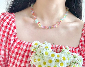 Kawaii Necklace Y2K Bead Necklace Cute Rainbow Necklace Handmade Beaded Necklace Y2K Style Y2K Necklace Kawaii Necklace 90s Style Necklace