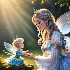 A fairy godmother granting wishes to a child bright background | Printable Productivity |