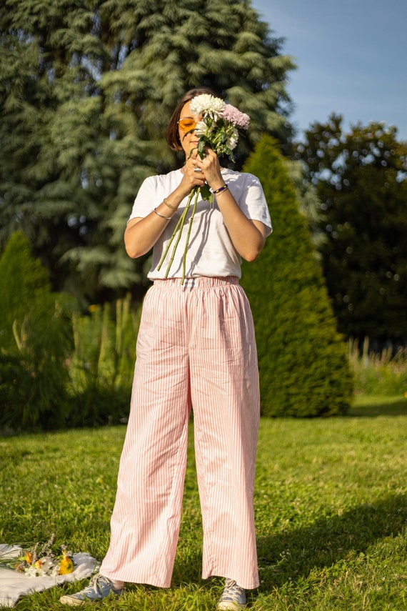 Pink and White Striped Trousers Unisex Upcycled Cotton Etsy Canada