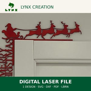 May include: A red laser-cut door corner decoration featuring a silhouette of Santa Claus in a sleigh pulled by four reindeer. The vertical section displays the text Merry Christmas in a bold font, designed to fit the corner of a door frame.