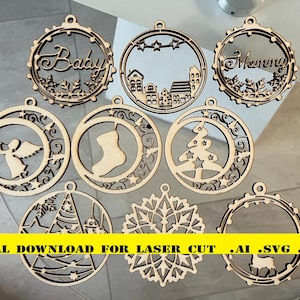 Christmas Ornament Laser Cut Files - Set of 9 Festive Wooden Balls - AI, SVG, DXF Formats