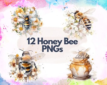 Watercolor Bee Clipart, spring time with honey features PNG instant downloads for commercial use