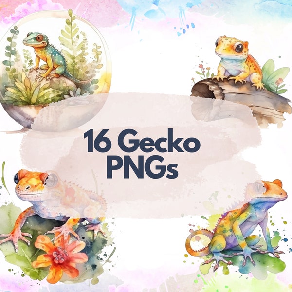 Watercolor Gecko Clipart, spring time, PNG instant download for commercial use