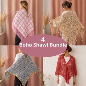 May include: A bundle of four crochet shawls featuring a pink and white checkered shawl with fringe, a beige pineapple-patterned shawl with pom-poms, a gray shawl with a yellow border, and a red open-weave shawl. Text reads 4 Boho Shawl Bundle.