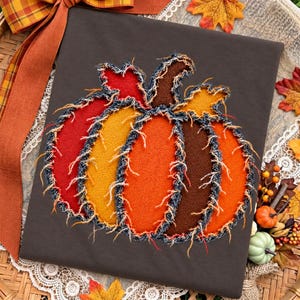 Patchwork pompoen PNG, herfstpompoen sublimatieontwerp, pompoenveld PNG, gezellig herfstshirtontwerp, gewatteerd herfstshirt PNG, cottagecore herfstshirt