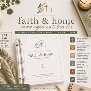 Puede incluir: Una carpeta de gestión del hogar y la fe con 12 páginas imprimibles. La portada presenta un icono de casa con una cruz, el texto faith & home management binder y un versículo de Proverbios 31:27. Incluye iconos para fe, planificación y finanzas.