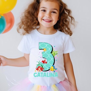 Little Mermaid Birthday TShirt,Princess Mermaid Birthday Theme Party,Girls Personalized shirt,, Shirt Short, 3/4 Long Raglan Sleeves PS10