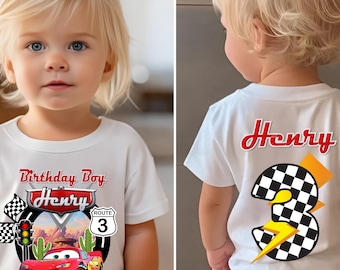 T-shirt d'anniversaire inspiré de voiture, fête à thème voiture, voitures chemise personnalisée pour enfants, chemise d'anniversaire cadeau, t-shirts de famille personnalisés CS19