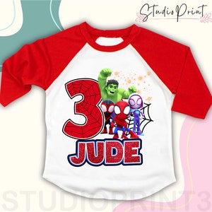 Camiseta de cumpleaños inspirada en Spider, fiesta temática de Spidey y sus amigos, camiseta personalizada, camiseta de cumpleaños de regalo, camisetas familiares/camisetas raglán