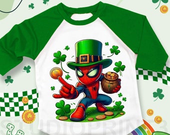 St Patrick Day Spider Chibi Day T Shirt, Spidey and Friends Tee, Raglan Superhero Patrick Day, Happy Patrick day, Gift Saint Patrick&#39;s Day