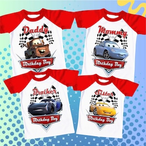 Op auto geïnspireerd verjaardagsshirt, Cars Mcqueen-themafeest, auto's Gepersonaliseerd shirt kinderen, cadeau verjaardagsshirt, familie T-shirts custom CS01
