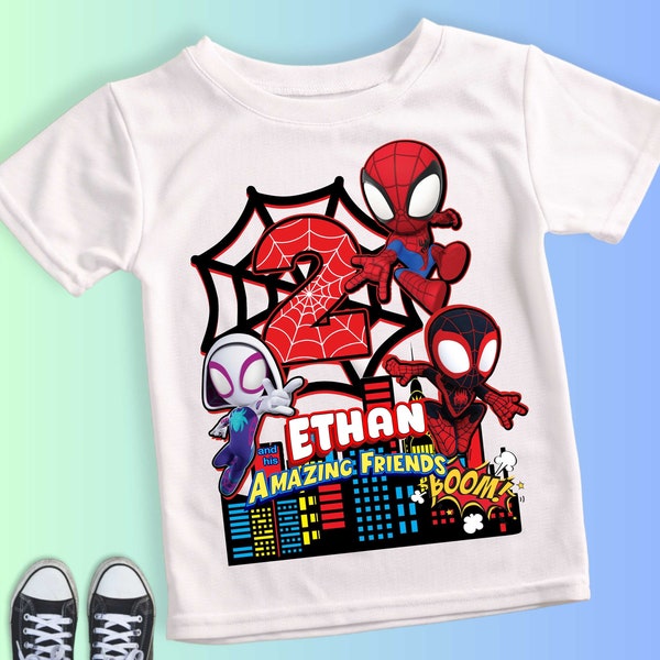 T-shirt di compleanno ispirata a Spider, festa a tema Spide e i suoi amici, camicia personalizzata, camicia di compleanno regalo, magliette di famiglia SY04