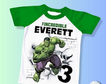 Maglietta di compleanno di fumetti di supereroi, festa a tema Hulk, Iron Man, camicia personalizzata Hulk per bambini, camicia di compleanno regalo, magliette di famiglia personalizzate AV14