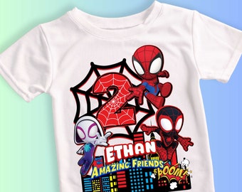 T-shirt d'anniversaire inspiré d'araignée, fête à thème Spide et ses amis, chemise personnalisée, chemise d'anniversaire cadeau, t-shirts de famille SY04