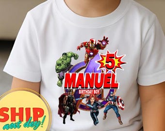 Camiseta personalizada de cumpleaños de superhéroe, regalo estupendo, camiseta familiar personalizada, todos los colores, todos los tamaños, mangas raglán cortas, 3/4 y largas